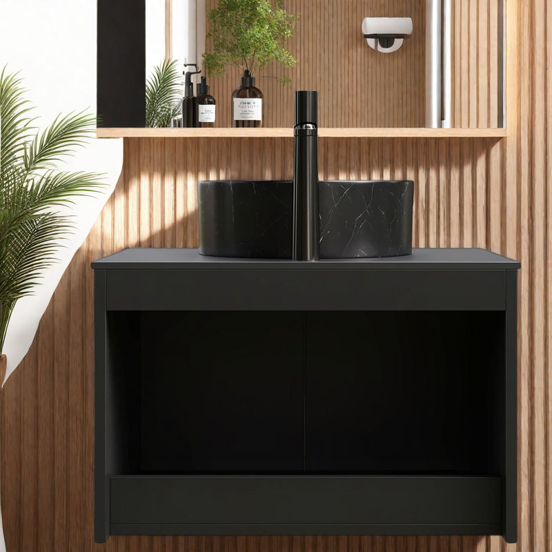 Meuble-lavabo moderne noir avec évier avec rangement, conception peu encombrante