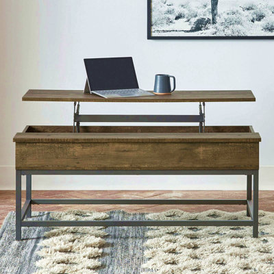 Table basse à plateau relevable brun chêne et sable noir