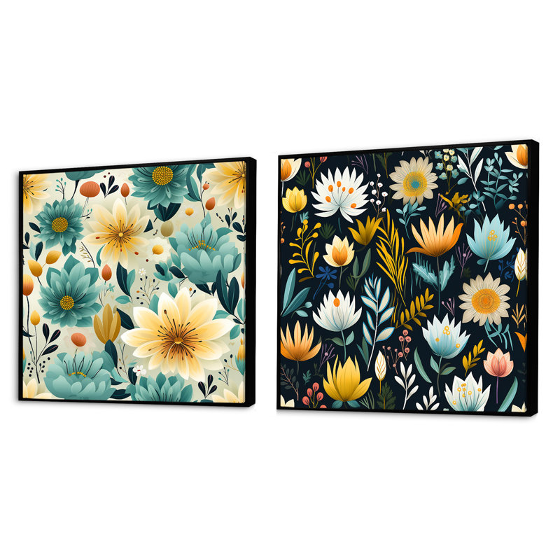 Mindfulness Sanctuary Mediation - Ensemble de 2 collages carrés botaniques abstraits, Cadre flottant noir, H 16 po x l 33 po