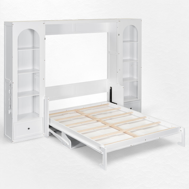 Queen Size Murphy Bed With Storage And LED Light, White