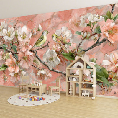 Peel and Stick Wallpaper 69" L x 96" W Modern Self Adhesive Wall Mural for Bedroom - With Luxurious Botanical Mural Metallic Accents Print