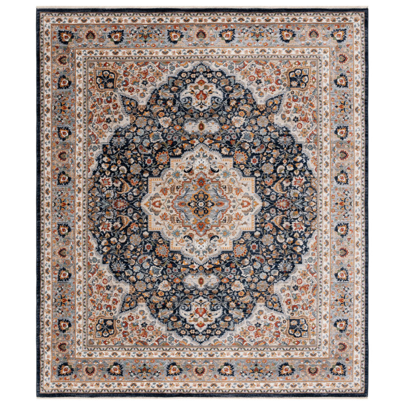 Navy and Beige Hand-Knotted Synthetic Rectangular Rug 5' x 7'