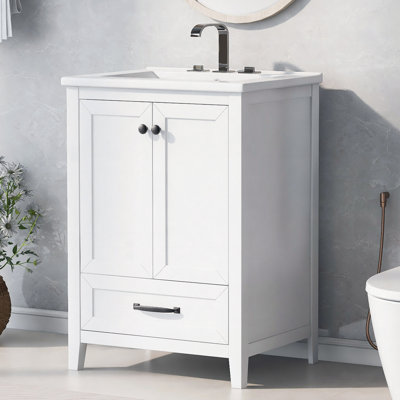 Meuble-lavabo de salle de bain avec lavabo, armoire de meuble-lavabo avec tiroirs et porte, bois massif et panneau de fibres à densité moyenne, blanc