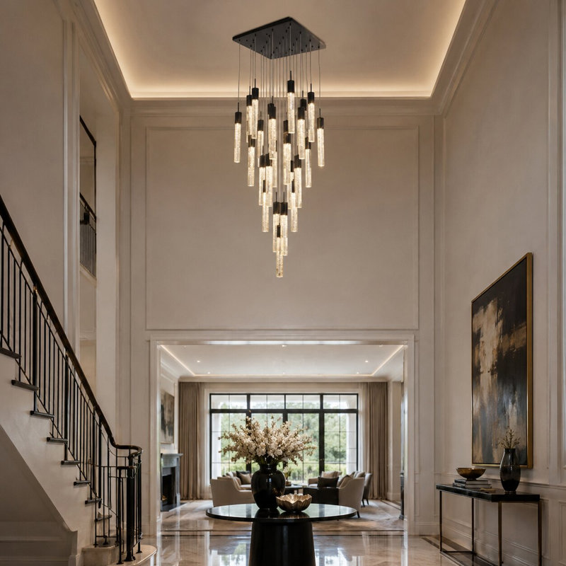 Lustre en métal noir 25 lumières avec cristaux transparents, H 19,6 po x l 27,5 po x P 27,5 po, Noir et or, 25