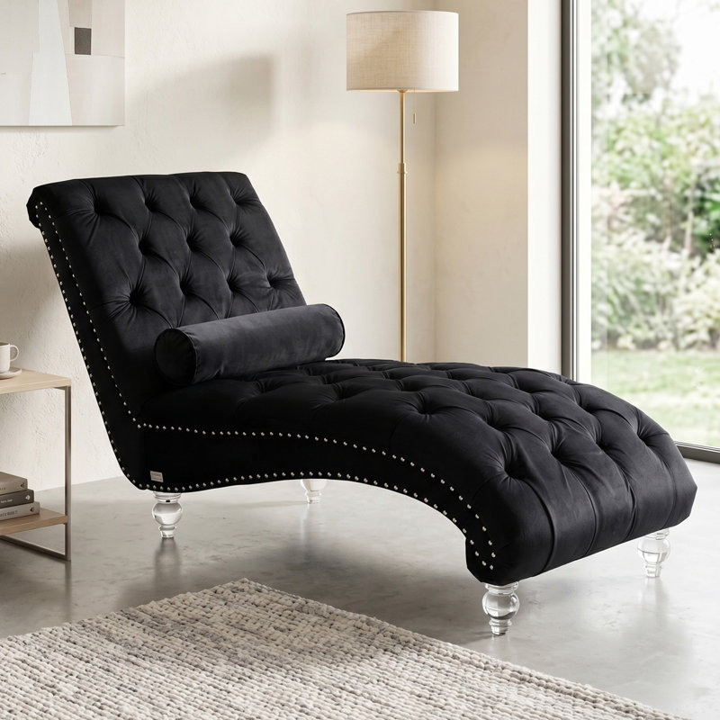 Danuta 29" Wide Armless Upholstered Tufted Chaise Lounge Chair with Lumbar Pillow and Nailhead Trim, Black