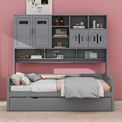 Platform Bed With Twin Size Trundle, All-In-One Cabinet And Shelf by Cosmic