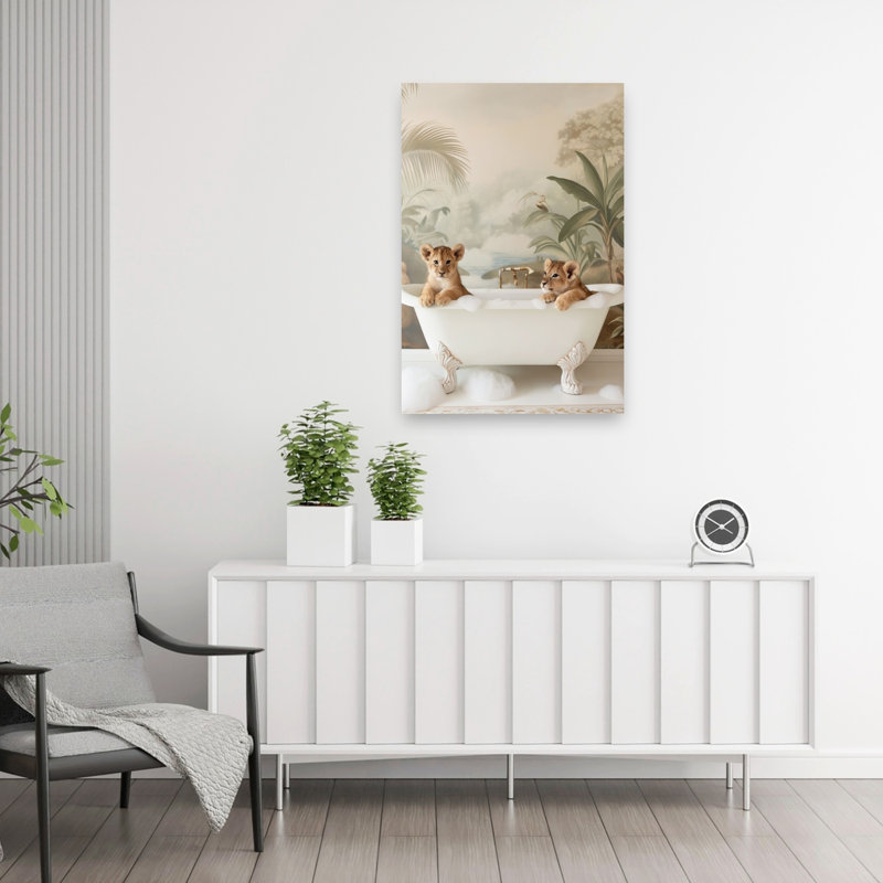 Lion Cubs Bubble Bath Contemporary Wall Art Print by Niky Rahner - Wrapped Canvas Print, 91.44cm H x 60.96cm W