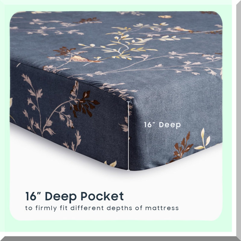 Vintage Coquette Birds Floral Bed Sheet Set - 4-Piece Deep Pocket Gray Grey Microfiber Bedding - Soft Fitted Flat Sheets - Patterned Printed