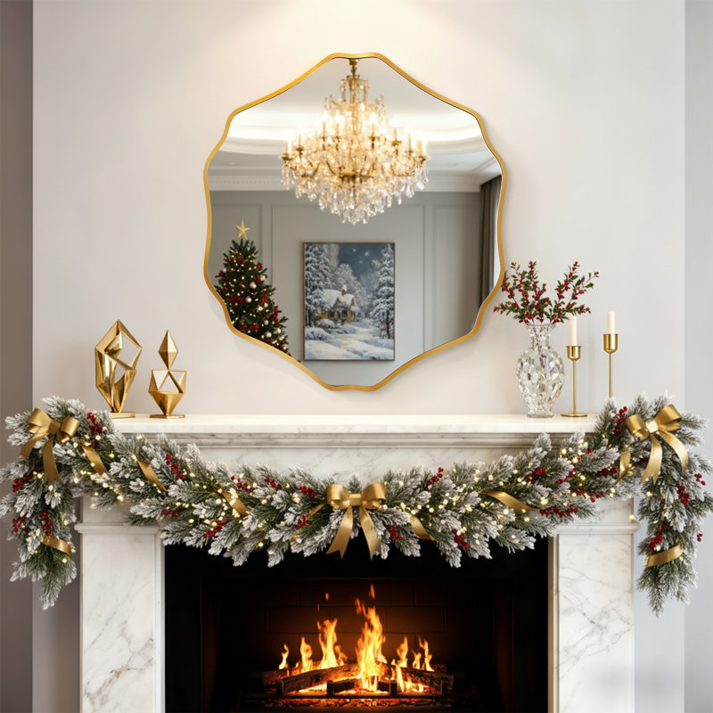 Petal-Hexagon Shaped Mirror With Gold Frame-For Bathroom, Bedroom, Living Room & Entryway Decor, Gold, 28" x 32"