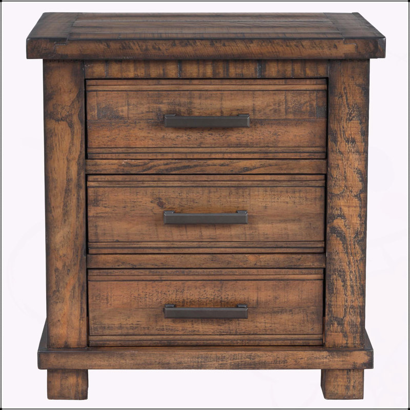 Table de chevet rustique en bois massif récupéré à trois tiroirs, parfaite pour ajouter du charme et du rangement à n'importe quelle chambre à coucher