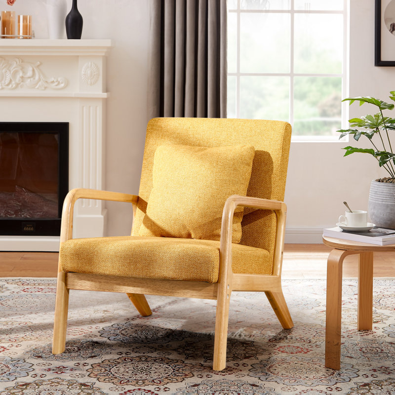 Fanci 25.6" Wide Accent Chair, Yellow Linen / Medium Yellow Wood