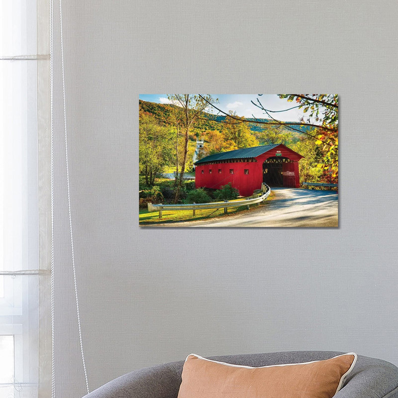 Red Covered Bridge And A Curch, Vermont by George Oze - Wrapped Canvas Print, 66.04 cm H x 45.72 cm W x 3.175 cm D