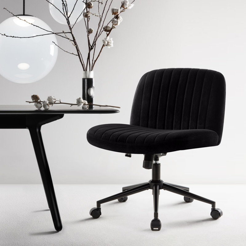 Milicent Armless Wide Desk Chair with Wheels, Velvet, Black