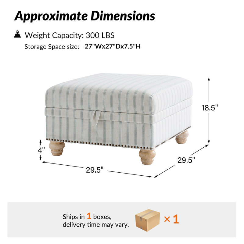 Laura Farmhouse Ottoman with Solid Wood Legs, Blue