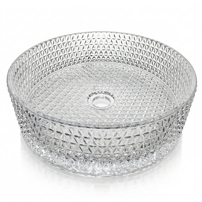 Scotch 16"  Clear Tempered Glass Round Vessel Bathroom Sink with Textured Glass Design - Timeless Collection, Clear, 16"