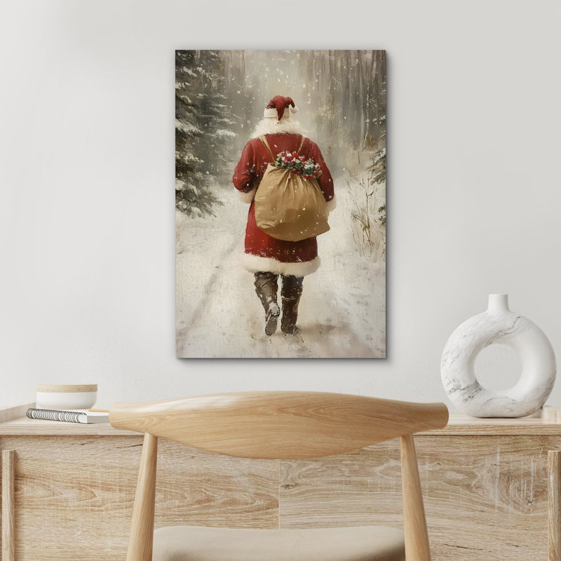 «Santa Claus Walking in Winter Road», reproduction d'art sur toile encadrée, Toile tendue, H 48 po x l 32 po