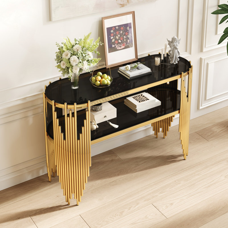 Console luxueuse dorée avec tablettes en verre trempé noir à 2 niveaux, Noir / noir + or, Noir, Noir + or