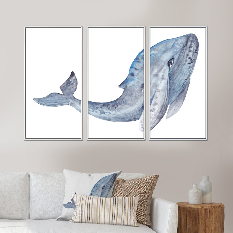 Large Whale - 3 pièces, peinture sur toile à cadre flottant, Cadre blanc, L 48 po x H 32 po