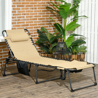 Outsunny Folding Chaise Lounge With 5-Level Reclining Back, Outdoor Tanning Chair With Reading Face Hole, Outdoor Lounge Chair With Side Pocket & Headrest For Beach, Yard, Patio, Beige