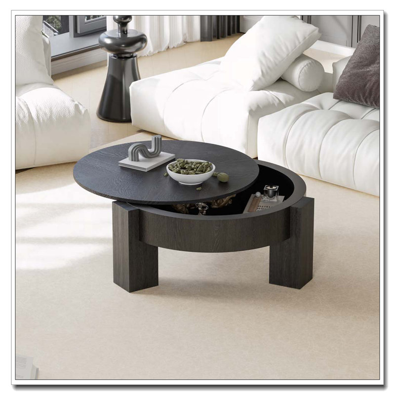 Table basse 33 po moderne avec rangement caché et 3 pieds carrés, Noir