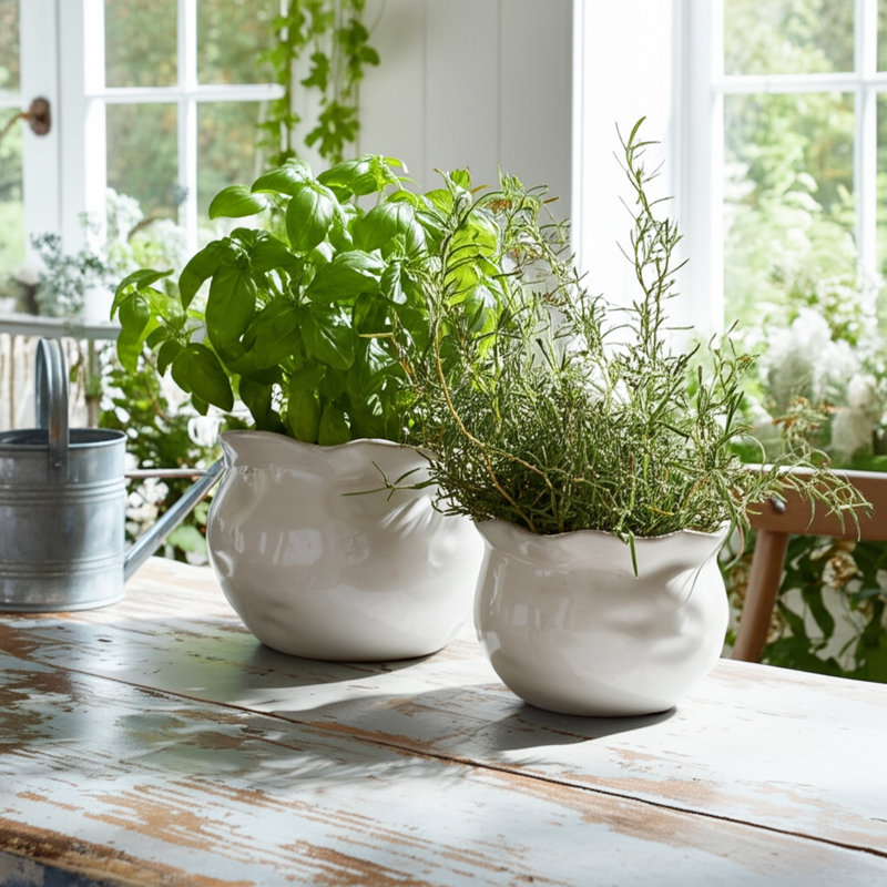 Stoneware Ceramic Planters Decorative Pot Set Durable Handmade Indoor Outdoor Containers Set Of 2, White