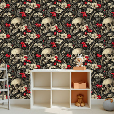 Papier peint adhésif peler et coller en PVC, revêtement mural auto-adhésif amovible avec motif de crâne floral gothique anthracite ivoire, imperméable pour la décoration intérieure - rouleau