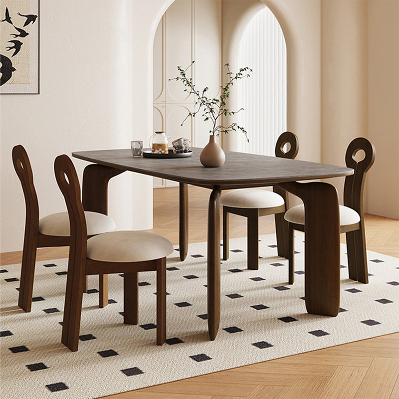 4 - Person Gray + Nut-brown Rectangular Sintered Stone + Solid Wood Dining Table Set, 29.53" H x 62.99" W  x 31.5" D