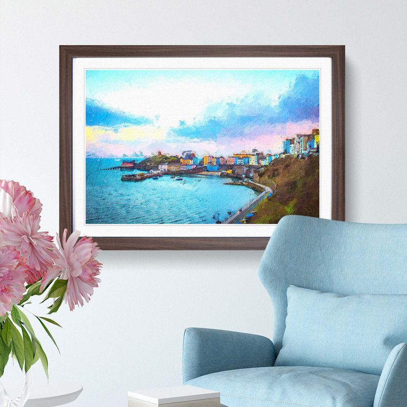 Tenby Harbour in Pembrokeshire Wales - Picture Frame Painting Print, Walnut Framed, 27cm H x 36cm W x 2cm D