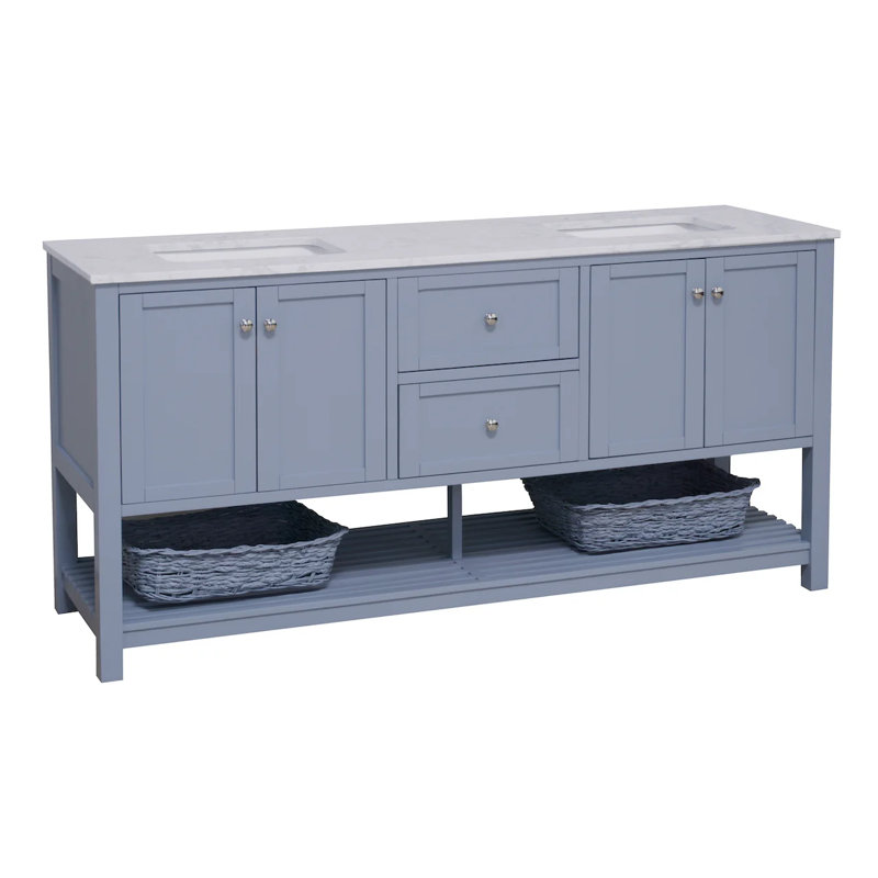 Binne 72'' Double Bathroom Vanity with Top, Powder Blue, Engineered Carrara