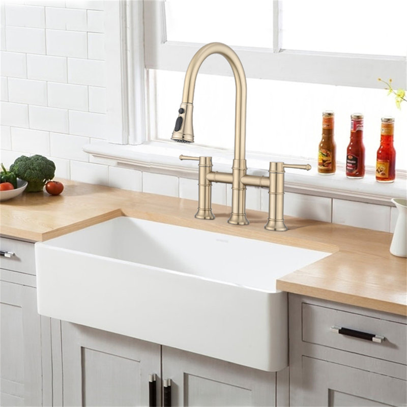 Double Handle Bridge Kitchen Faucet With Pull-Down Spray Head, Brushed Gold