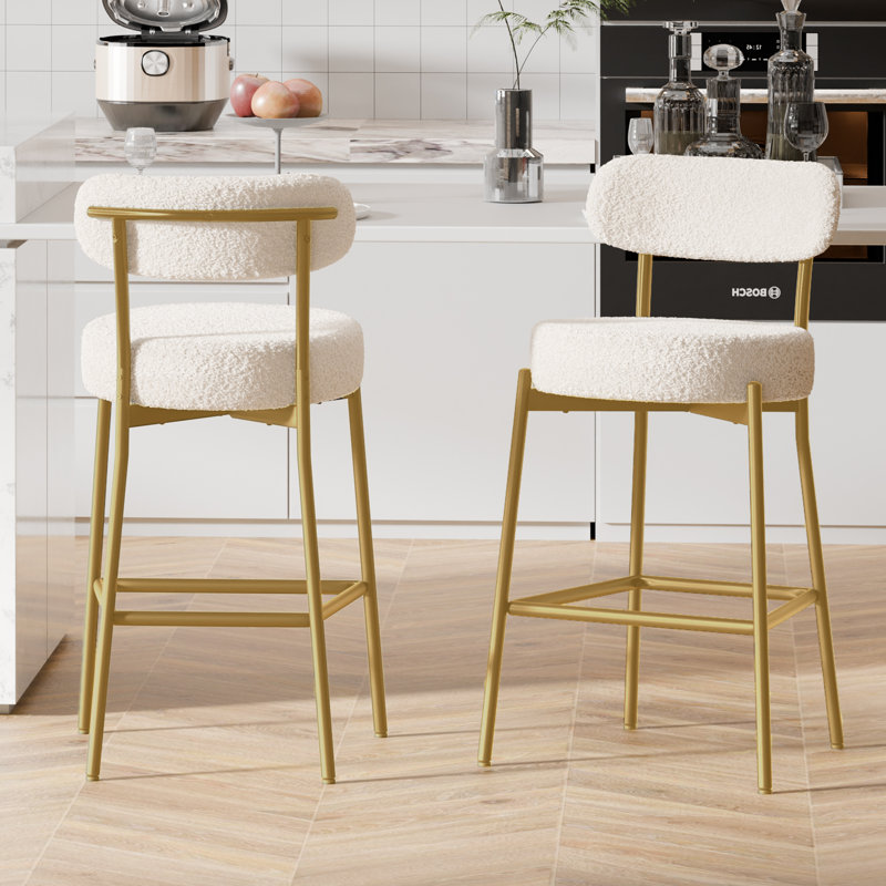 Bar Stools Set Of 2, Counter Height Bar Stools With Back And Metal Legs, High Top Island Chairs With Footrest, Sherpa Tall Kitchen Housel Boucle