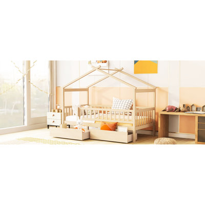 Twin Size Wooden House Platform Bed - Wood, Two Drawers For Organization, Natural Color, Headboards Included With Drawer Space Wood Construction, Finish,
