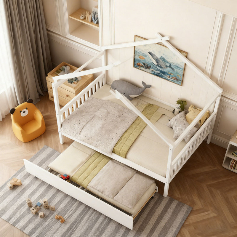 Lit en bois avec lit gigogne simple, Blanc