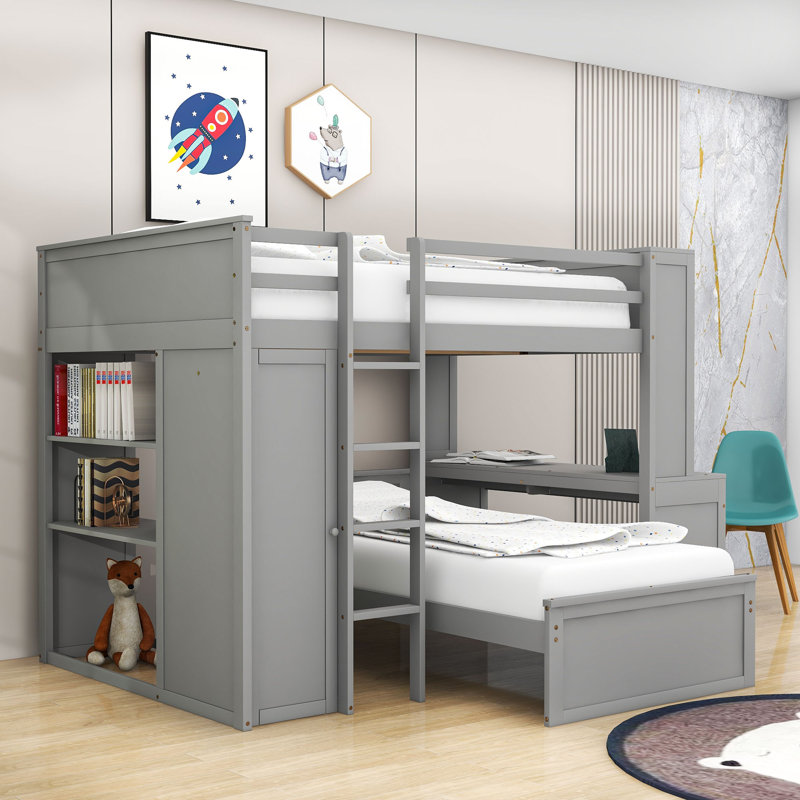 Crone Full Over Twin 2 Drawers Wood Bunk Bed with Shelves,Desk and Wardrobe, Gray