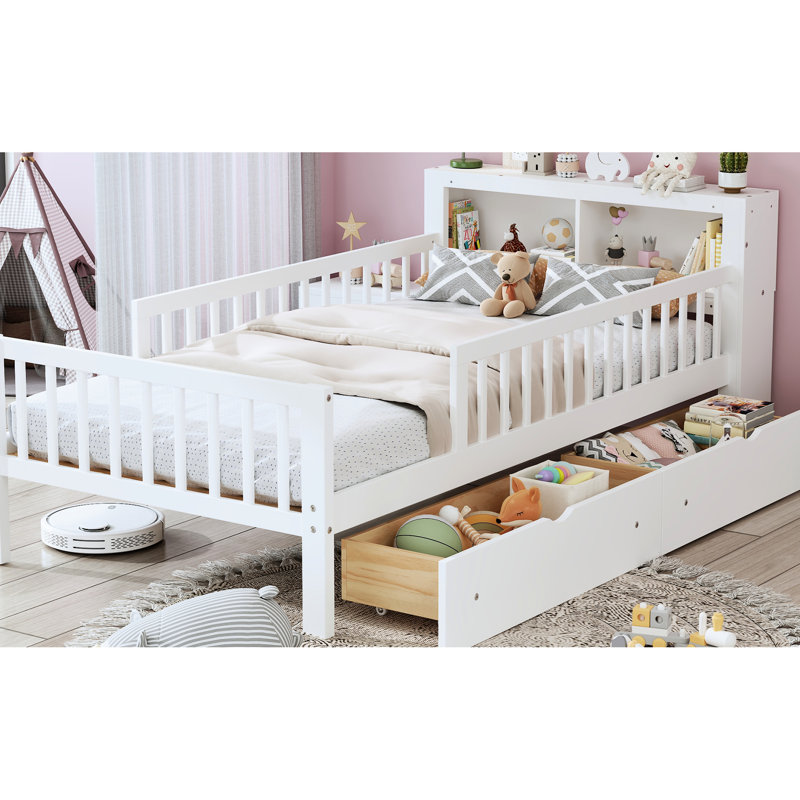 Lit simple blanc avec rangement et caractéristiques pour la tête de lit - Deux sous-tiroirs inclus, Blanc