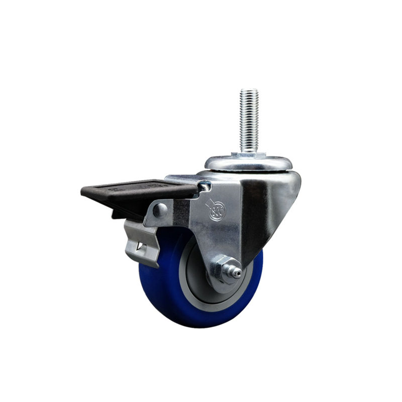Roulettes pivotantes à tige filetée de 3 po à roue pivotante de 5/8 po avec frein, Bleu