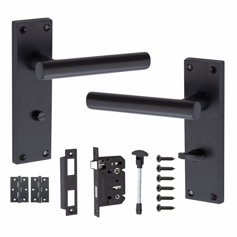  T-Bar Bathroom Door Handles Set on Lever Backplate in Matt Black Finish Complete with Latch, Lock and 1 Pair of 3" Ball Bearing Hinges