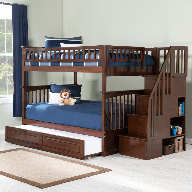 Blaisdell Solid Wood Storage Staircase Bunk Bed with Raised Panel Roll Out Trundle, Walnut, Full over Full