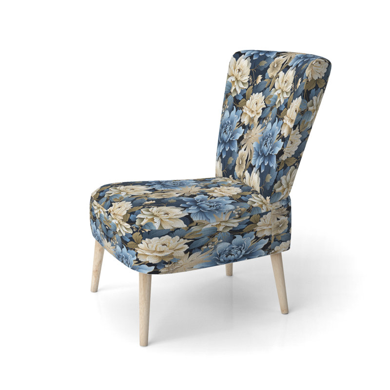 Blue And White Blooming Floral Pattern - Upholstered Cottage Accent Side Chair