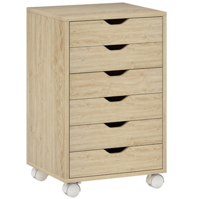 Oak Wood Effect 6-Drawer Mobile Vertical Filing Cabinet, Quiet Drawers with 2 Brake Wheels