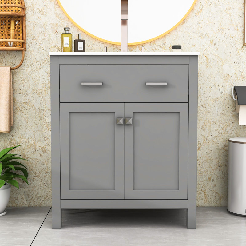 Meuble-lavabo de salle de bain avec lavabo, tablette et portes à fermeture douce, Gris