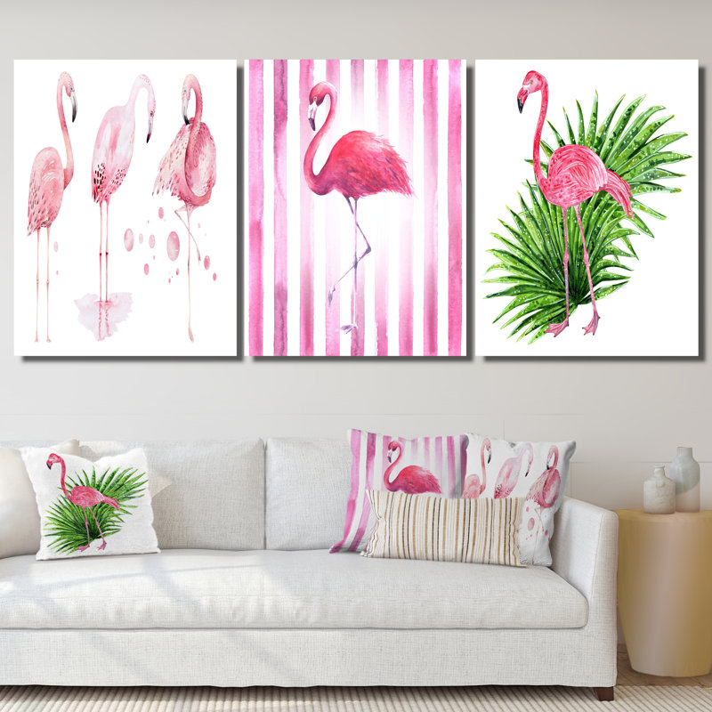 Flamants roses sur fond blanc - ensemble d'art traditionnel de 3 pièces, H 40 po x l 90 po x P 1,5 po