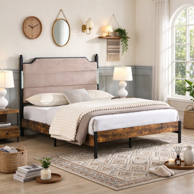 Upholstered Platform Bed Frame with LED Light Strip, Wood and Metal Bed Frame with Lamb Fleece Headboard, Queen Size, Wood
