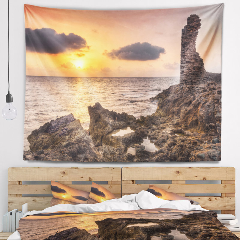 Tapisserie «Seashore Ruins» au coucher du soleil, Afrique, H 50 po x l 60 po