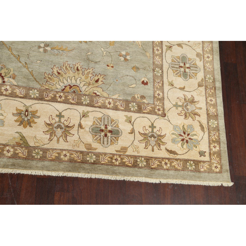 Tapis gris en laine noué à la main de conception unique 12 pi 0 po x 17 pi 10 po