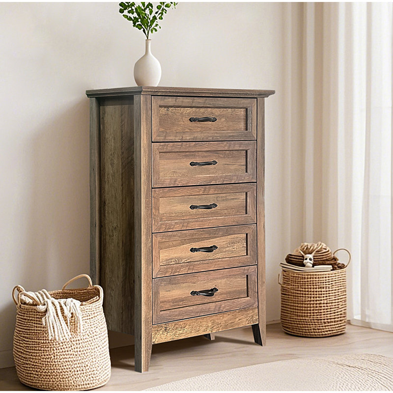 Commode 5 tiroirs, commode vintage en bois, commode haute, Jaune rétro