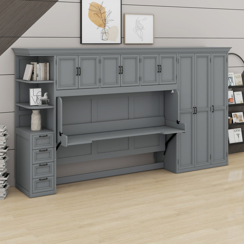 Lit escamotable simple 6 tiroirs avec garde-robe, tablettes, armoire et bureau, Gris
