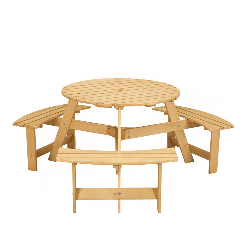 Outdoor 6 Person Picnic Table, 6 Person Round Picnic Table With 3 Built-In Benches, Umbrella Hole, Outside Table And Bench Set For Garden, Backyard, Porch, Patio