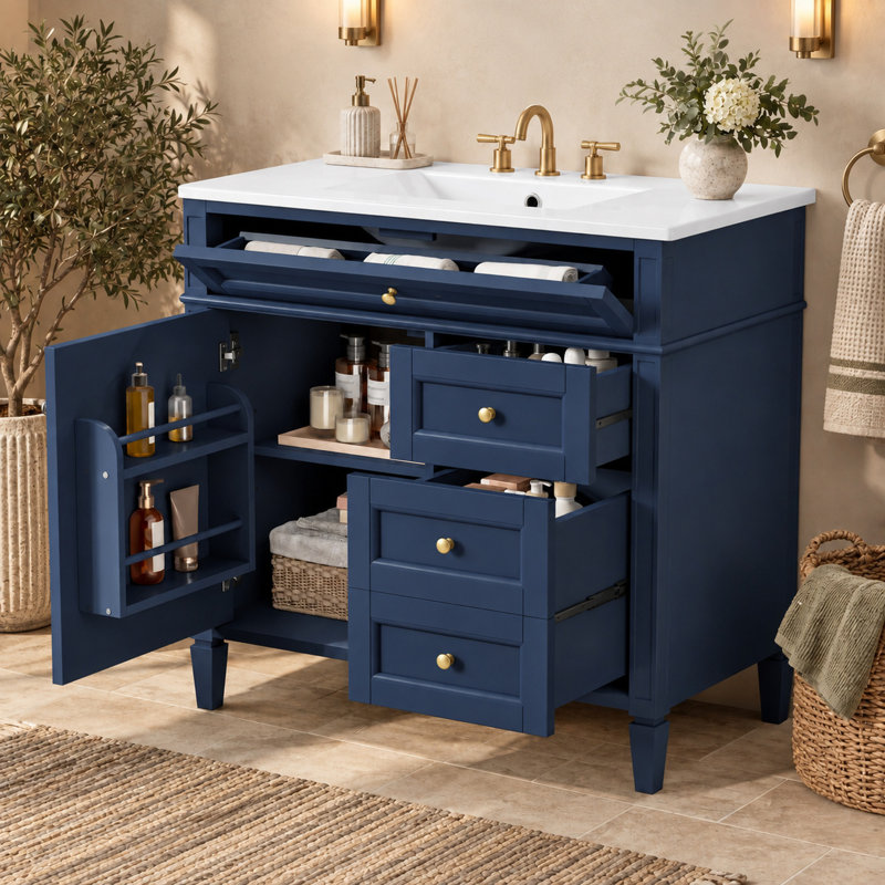 Meuble-lavabo 36 po avec comptoir en céramique, 2 tiroirs, tiroir basculant et porte, Bleu