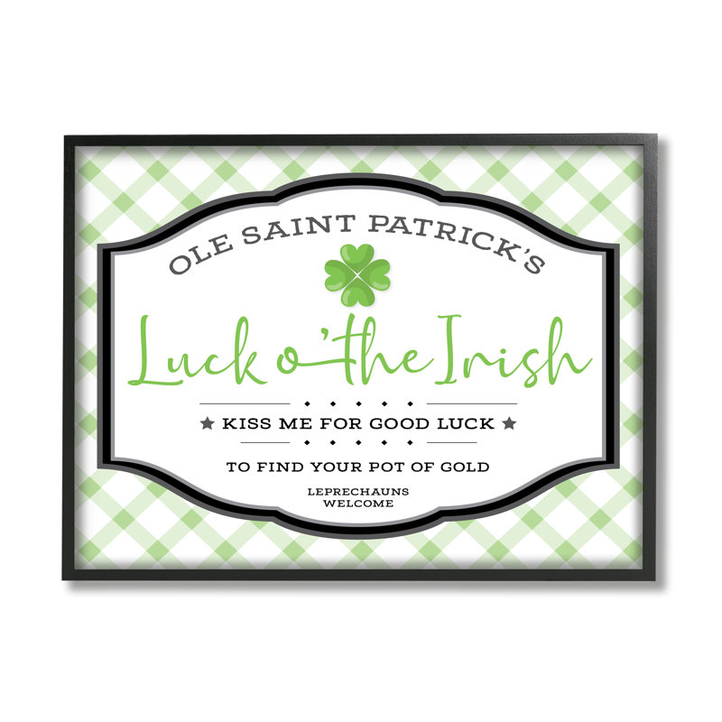 Saint Patrick's Luck of the Irish Sign Green Plaid - art textuel, H 16 po x l 20 po, Cadre noir